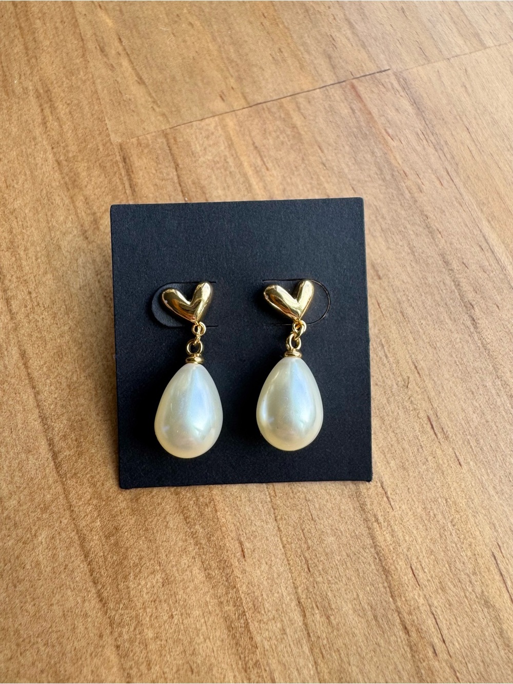Gold Heart and Pearl Teardrop Drop Earrings - White Pearl